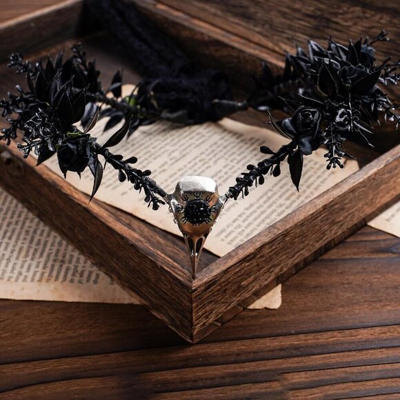 Black Elf Flower Crown Gothic Raven Skull Headpiece Witch Headband Costume Acces